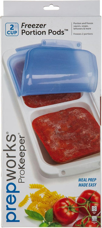 PrepWorks Dishwasher Safe Half Cup, 6-Serving Leftover Soup & Food Storage Freezer Pod Tray with Silicone Lid, Blue/White