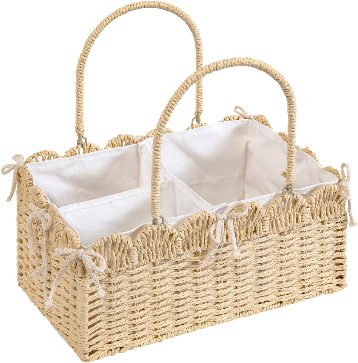 Large Baby Diaper Caddy, Brown Paper Rope Storage Basket with Handles, Portable Nursery Organizer with Removable Divider for Diapers, Wipes, Baby Essentials (Nature)
