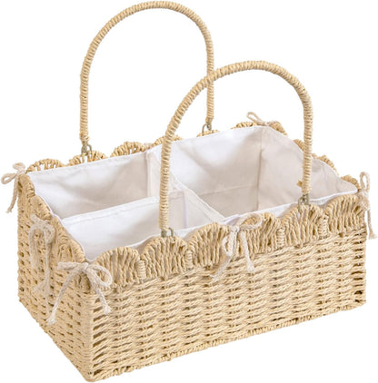 Large Baby Diaper Caddy, Brown Paper Rope Storage Basket with Handles, Portable Nursery Organizer with Removable Divider for Diapers, Wipes, Baby Essentials (Nature)