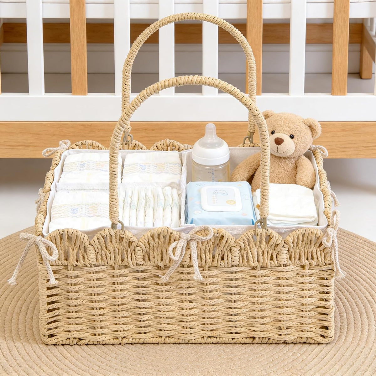 Large Baby Diaper Caddy, Brown Paper Rope Storage Basket with Handles, Portable Nursery Organizer with Removable Divider for Diapers, Wipes, Baby Essentials (Nature)