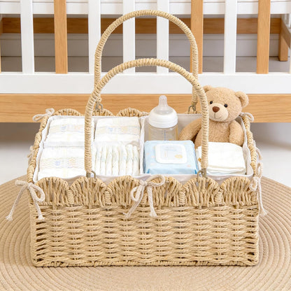 Large Baby Diaper Caddy, Brown Paper Rope Storage Basket with Handles, Portable Nursery Organizer with Removable Divider for Diapers, Wipes, Baby Essentials (Nature)