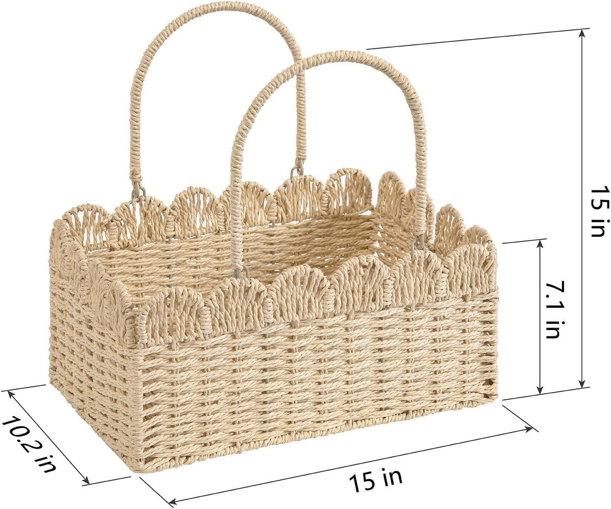 Large Baby Diaper Caddy, Brown Paper Rope Storage Basket with Handles, Portable Nursery Organizer with Removable Divider for Diapers, Wipes, Baby Essentials (Nature)