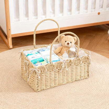 Large Baby Diaper Caddy, Brown Paper Rope Storage Basket with Handles, Portable Nursery Organizer with Removable Divider for Diapers, Wipes, Baby Essentials (Nature)