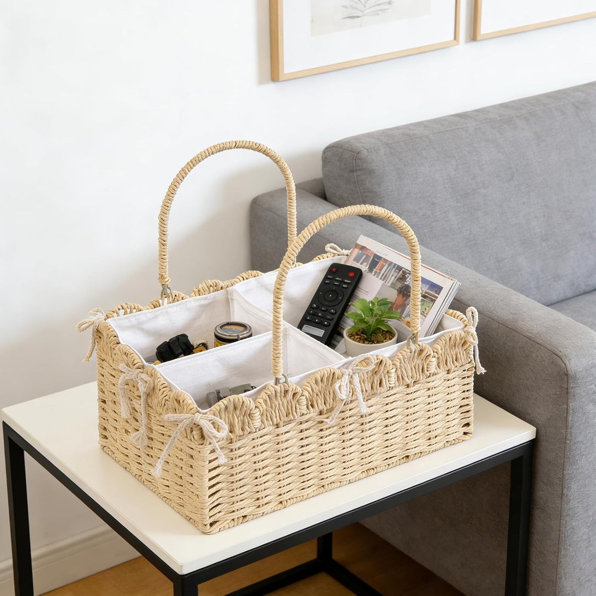 Large Baby Diaper Caddy, Brown Paper Rope Storage Basket with Handles, Portable Nursery Organizer with Removable Divider for Diapers, Wipes, Baby Essentials (Nature)