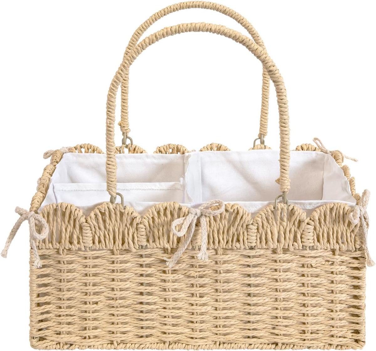 Large Baby Diaper Caddy, Brown Paper Rope Storage Basket with Handles, Portable Nursery Organizer with Removable Divider for Diapers, Wipes, Baby Essentials (Nature)
