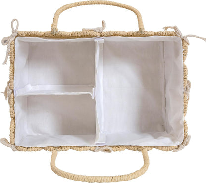 Large Baby Diaper Caddy, Brown Paper Rope Storage Basket with Handles, Portable Nursery Organizer with Removable Divider for Diapers, Wipes, Baby Essentials (Nature)