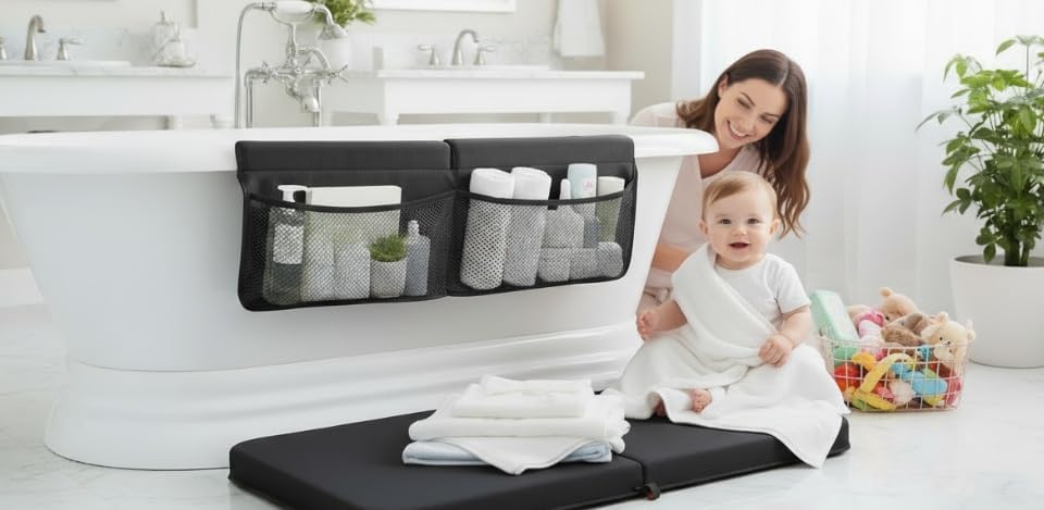 NEW Luxury Bath Kneeling Pad and Elbow Rest Set - THICK SOFT Bath Kneeler Pad and Bath Toys Organizer with Pockets - Supports Knees and Elbows - Bath Kneeling Pad for Baby Bathtime - Dark Grey