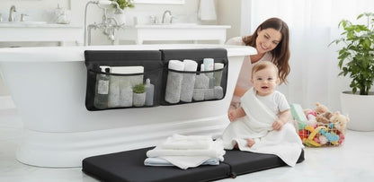 NEW Luxury Bath Kneeling Pad and Elbow Rest Set - THICK SOFT Bath Kneeler Pad and Bath Toys Organizer with Pockets - Supports Knees and Elbows - Bath Kneeling Pad for Baby Bathtime - Dark Grey