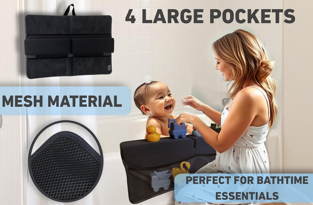 NEW Luxury Bath Kneeling Pad and Elbow Rest Set - THICK SOFT Bath Kneeler Pad and Bath Toys Organizer with Pockets - Supports Knees and Elbows - Bath Kneeling Pad for Baby Bathtime - Dark Grey