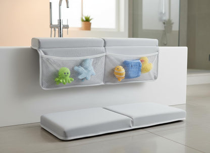 NEW Luxury Bath Kneeling Pad and Elbow Rest Set - THICK SOFT Bath Kneeler Pad and Bath Toys Organizer with Pockets - Supports Knees and Elbows - Bath Kneeling Pad for Baby Bathtime - Dark Grey