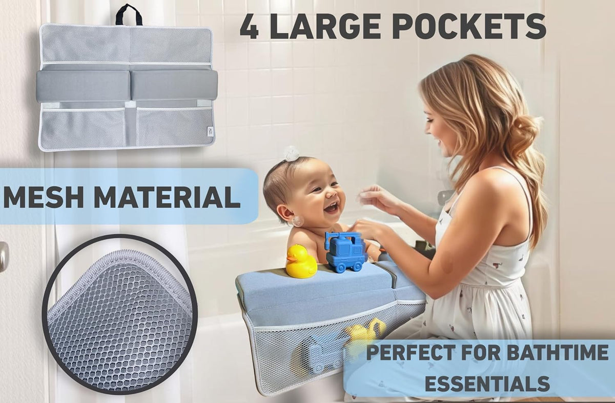NEW Luxury Bath Kneeling Pad and Elbow Rest Set - THICK SOFT Bath Kneeler Pad and Bath Toys Organizer with Pockets - Supports Knees and Elbows - Bath Kneeling Pad for Baby Bathtime - Dark Grey