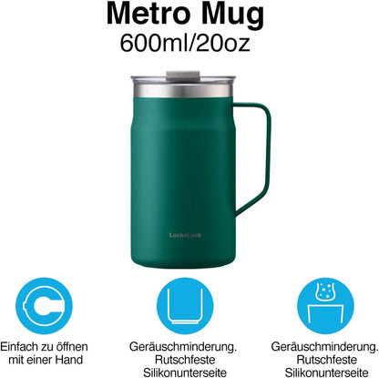 Metro Mug, Premium 18/8 Stainless Steel Metal, Double Wall Insulated, Portable Coffee Cup with Lid and Handle for Hot and Cold Drinks, Blue, 20 oz