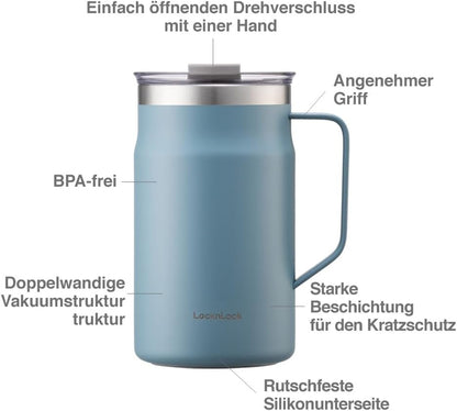 Metro Mug, Premium 18/8 Stainless Steel Metal, Double Wall Insulated, Portable Coffee Cup with Lid and Handle for Hot and Cold Drinks, Blue, 20 oz