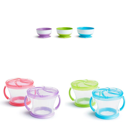 Suction Bowls (3 Pack) + Snack Catchers (4 Pack, 2 Pink/Purple + 2 Blue/Green)