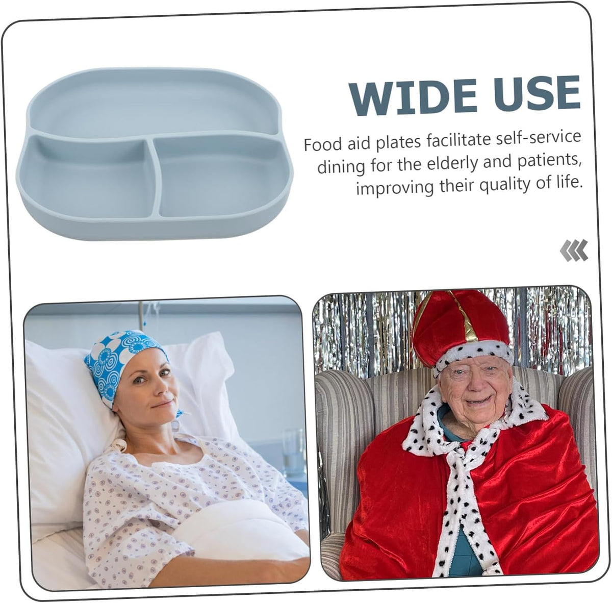 Silicone Elderly Food Plate with Suction Cup Non Slip Multi Compartment Divided Feeding Dish for Patients and Seniors Self Feeding Adaptive Dinnerware Light Blue