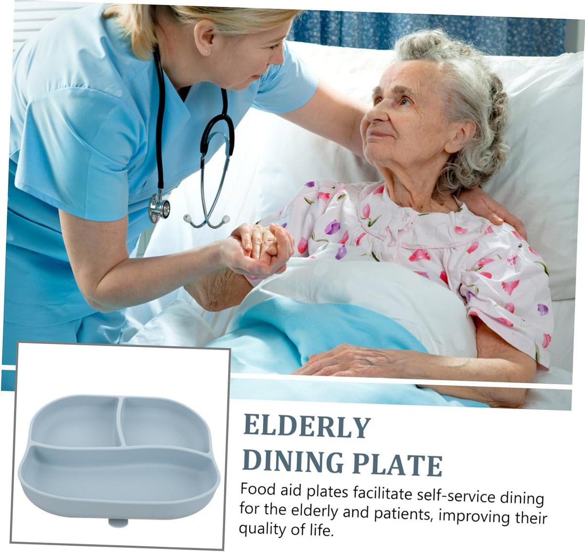 Silicone Elderly Food Plate with Suction Cup Non Slip Multi Compartment Divided Feeding Dish for Patients and Seniors Self Feeding Adaptive Dinnerware Light Blue