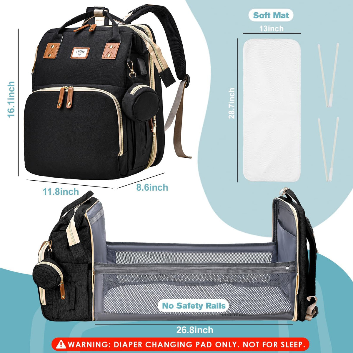 Diaper Bag Backpack with Changing Station, 25L Capacity, Grey