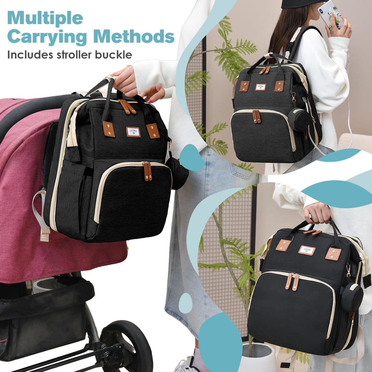 Diaper Bag Backpack with Changing Station, 25L Capacity, Grey