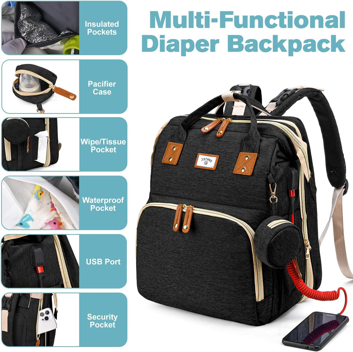 Diaper Bag Backpack with Changing Station, 25L Capacity, Grey