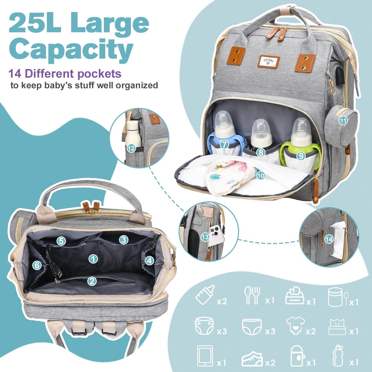 Diaper Bag Backpack with Changing Station, 25L Capacity, Grey