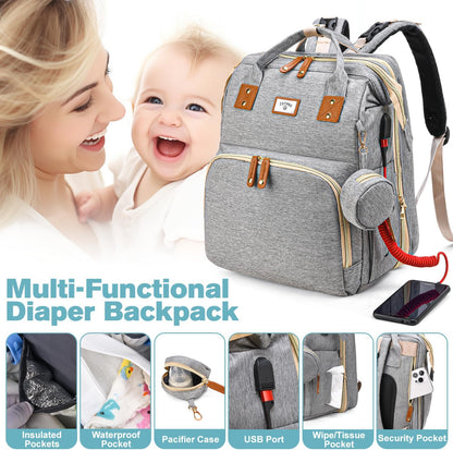 Diaper Bag Backpack with Changing Station, 25L Capacity, Grey