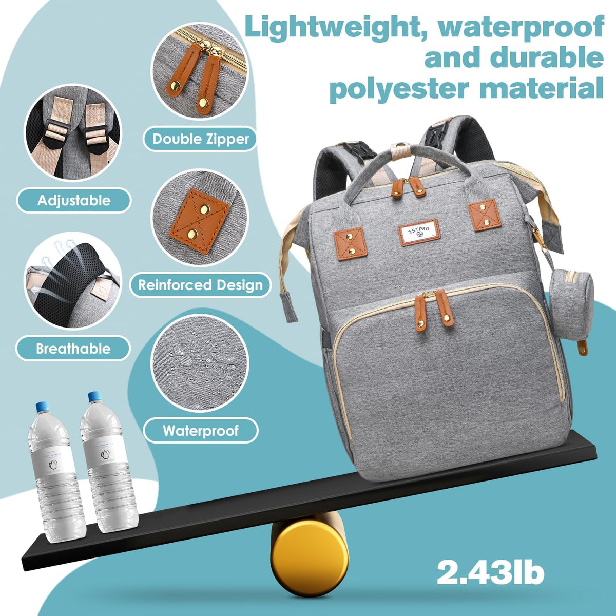 Diaper Bag Backpack with Changing Station, 25L Capacity, Grey