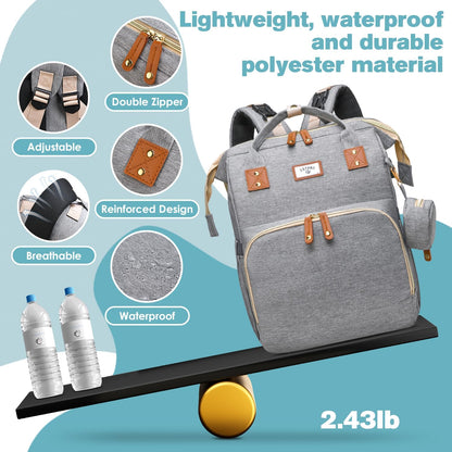 Diaper Bag Backpack with Changing Station, 25L Capacity, Grey