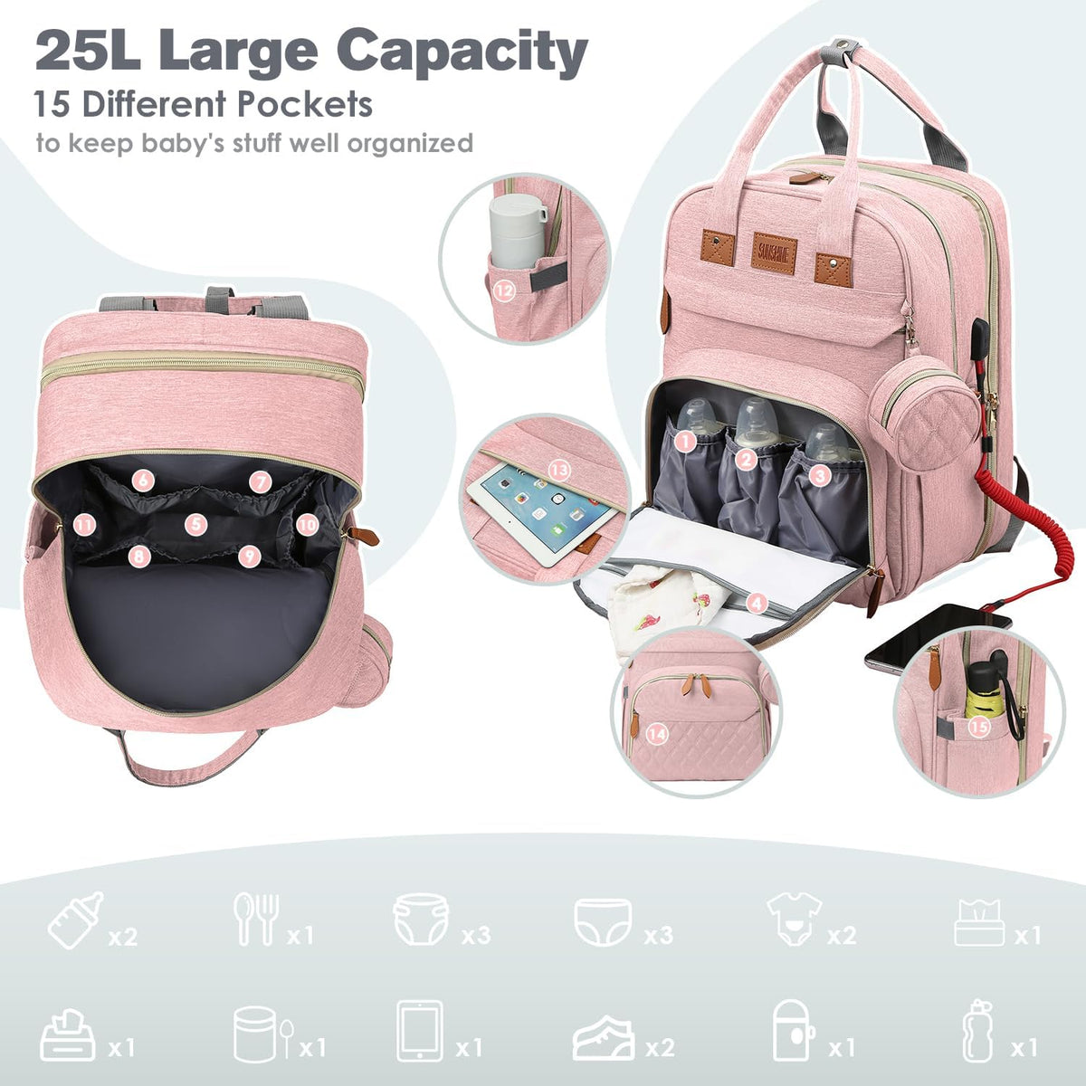 Diaper Bag Backpack with Changing Station, 25L Capacity, Grey