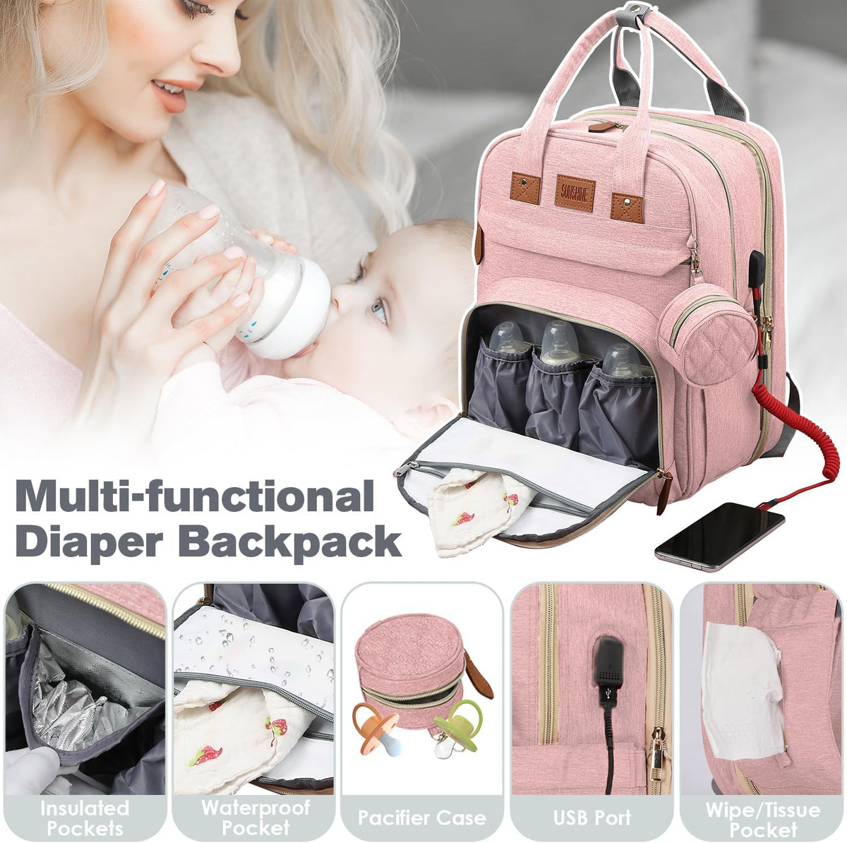 Diaper Bag Backpack with Changing Station, 25L Capacity, Grey