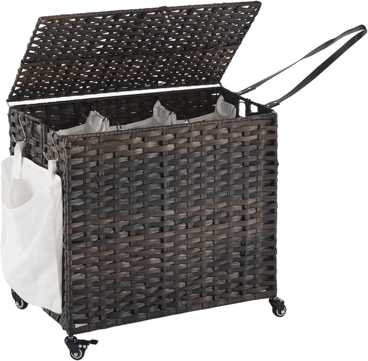 Laundry Hamper with Wheels, 34.3 Gallon(130L) Rolling Laundry Basket with Lid, 3-Section Rattan Clothes Hamper with 3 Removable Liner & 3 Mesh Bags, Laundry Sorter with Side Pocket, Brown