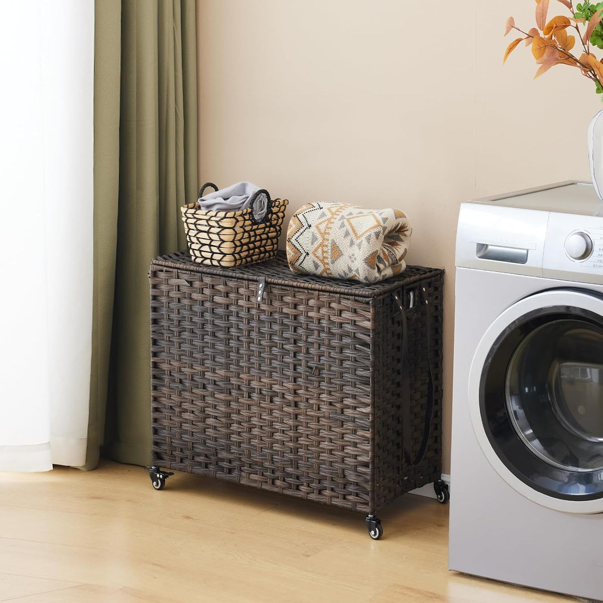 Laundry Hamper with Wheels, 34.3 Gallon(130L) Rolling Laundry Basket with Lid, 3-Section Rattan Clothes Hamper with 3 Removable Liner & 3 Mesh Bags, Laundry Sorter with Side Pocket, Brown