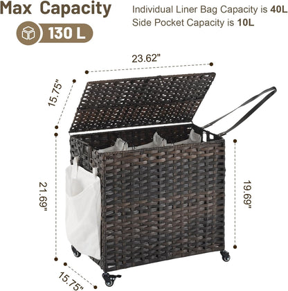 Laundry Hamper with Wheels, 34.3 Gallon(130L) Rolling Laundry Basket with Lid, 3-Section Rattan Clothes Hamper with 3 Removable Liner & 3 Mesh Bags, Laundry Sorter with Side Pocket, Brown
