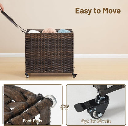 Laundry Hamper with Wheels, 34.3 Gallon(130L) Rolling Laundry Basket with Lid, 3-Section Rattan Clothes Hamper with 3 Removable Liner & 3 Mesh Bags, Laundry Sorter with Side Pocket, Brown