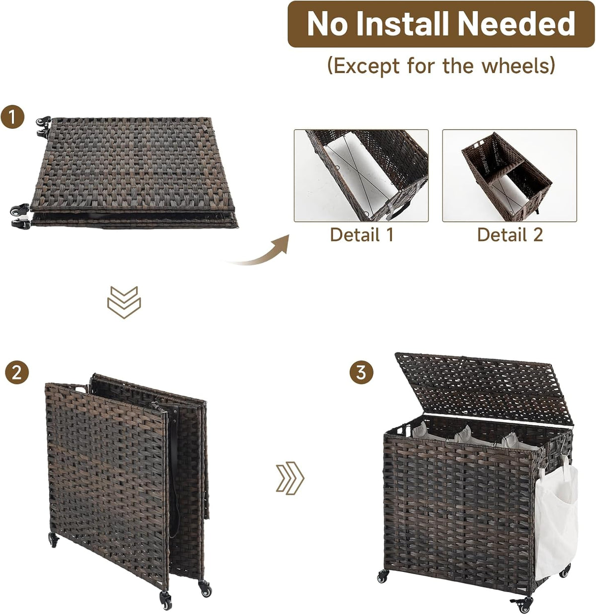 Laundry Hamper with Wheels, 34.3 Gallon(130L) Rolling Laundry Basket with Lid, 3-Section Rattan Clothes Hamper with 3 Removable Liner & 3 Mesh Bags, Laundry Sorter with Side Pocket, Brown