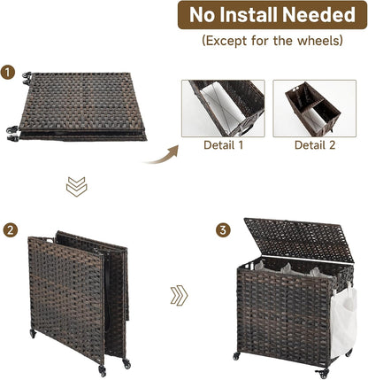 Laundry Hamper with Wheels, 34.3 Gallon(130L) Rolling Laundry Basket with Lid, 3-Section Rattan Clothes Hamper with 3 Removable Liner & 3 Mesh Bags, Laundry Sorter with Side Pocket, Brown