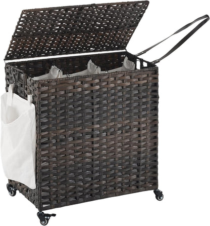 Laundry Hamper with Wheels, 34.3 Gallon(130L) Rolling Laundry Basket with Lid, 3-Section Rattan Clothes Hamper with 3 Removable Liner & 3 Mesh Bags, Laundry Sorter with Side Pocket, Brown