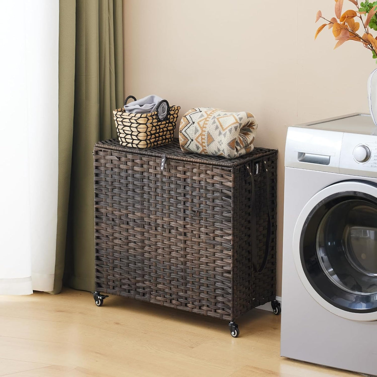 Laundry Hamper with Wheels, 34.3 Gallon(130L) Rolling Laundry Basket with Lid, 3-Section Rattan Clothes Hamper with 3 Removable Liner & 3 Mesh Bags, Laundry Sorter with Side Pocket, Brown