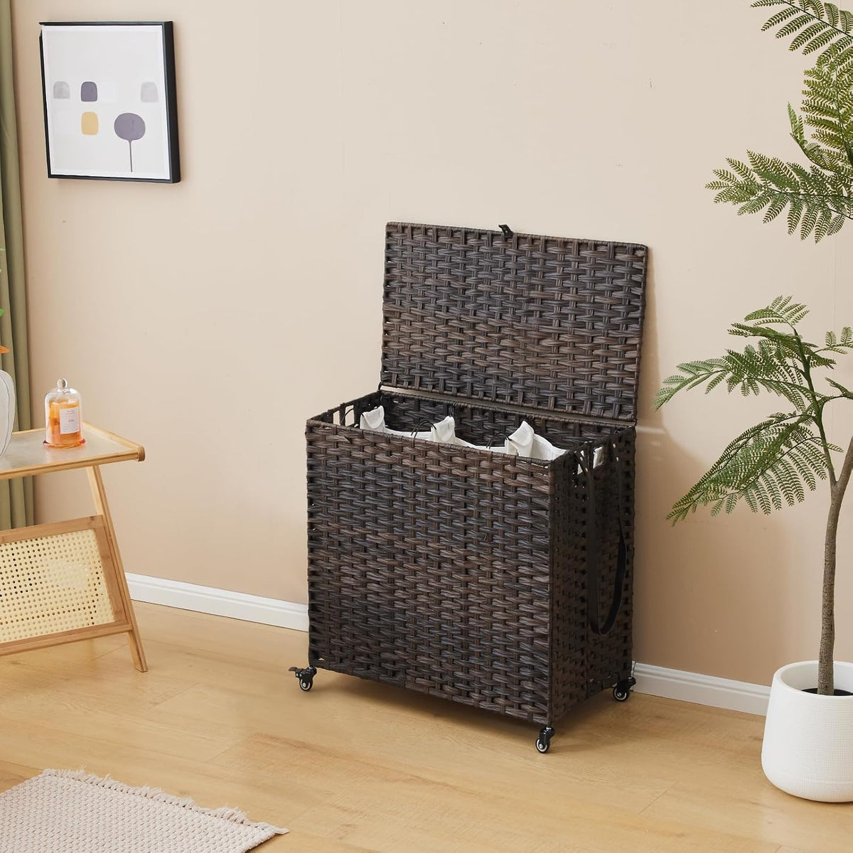 Laundry Hamper with Wheels, 34.3 Gallon(130L) Rolling Laundry Basket with Lid, 3-Section Rattan Clothes Hamper with 3 Removable Liner & 3 Mesh Bags, Laundry Sorter with Side Pocket, Brown