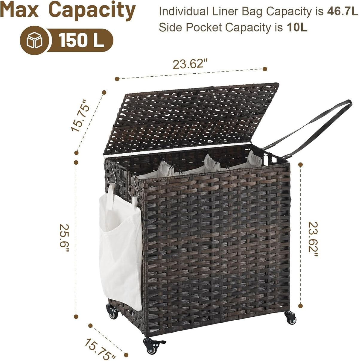 Laundry Hamper with Wheels, 34.3 Gallon(130L) Rolling Laundry Basket with Lid, 3-Section Rattan Clothes Hamper with 3 Removable Liner & 3 Mesh Bags, Laundry Sorter with Side Pocket, Brown