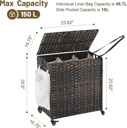 Laundry Hamper with Wheels, 34.3 Gallon(130L) Rolling Laundry Basket with Lid, 3-Section Rattan Clothes Hamper with 3 Removable Liner & 3 Mesh Bags, Laundry Sorter with Side Pocket, Brown