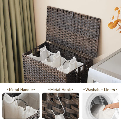 Laundry Hamper with Wheels, 34.3 Gallon(130L) Rolling Laundry Basket with Lid, 3-Section Rattan Clothes Hamper with 3 Removable Liner & 3 Mesh Bags, Laundry Sorter with Side Pocket, Brown