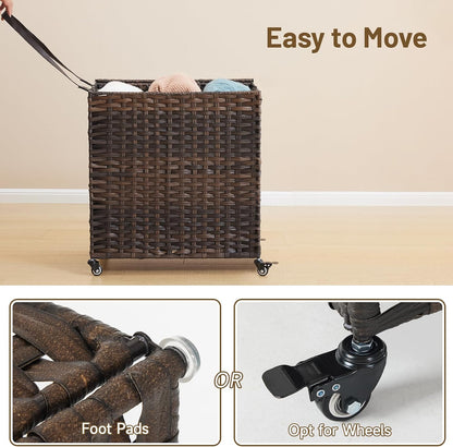 Laundry Hamper with Wheels, 34.3 Gallon(130L) Rolling Laundry Basket with Lid, 3-Section Rattan Clothes Hamper with 3 Removable Liner & 3 Mesh Bags, Laundry Sorter with Side Pocket, Brown