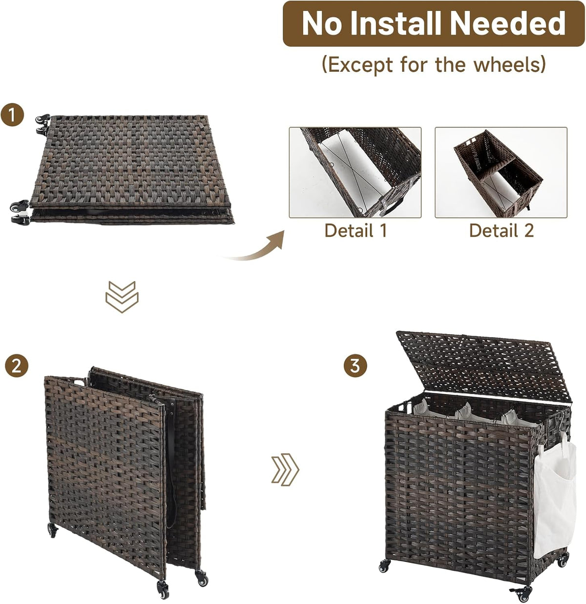 Laundry Hamper with Wheels, 34.3 Gallon(130L) Rolling Laundry Basket with Lid, 3-Section Rattan Clothes Hamper with 3 Removable Liner & 3 Mesh Bags, Laundry Sorter with Side Pocket, Brown