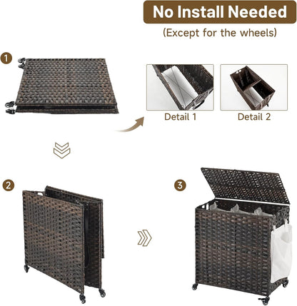 Laundry Hamper with Wheels, 34.3 Gallon(130L) Rolling Laundry Basket with Lid, 3-Section Rattan Clothes Hamper with 3 Removable Liner & 3 Mesh Bags, Laundry Sorter with Side Pocket, Brown