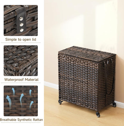 Laundry Hamper with Wheels, 34.3 Gallon(130L) Rolling Laundry Basket with Lid, 3-Section Rattan Clothes Hamper with 3 Removable Liner & 3 Mesh Bags, Laundry Sorter with Side Pocket, Brown