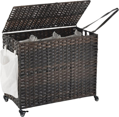 Laundry Hamper with Wheels, 34.3 Gallon(130L) Rolling Laundry Basket with Lid, 3-Section Rattan Clothes Hamper with 3 Removable Liner & 3 Mesh Bags, Laundry Sorter with Side Pocket, Brown