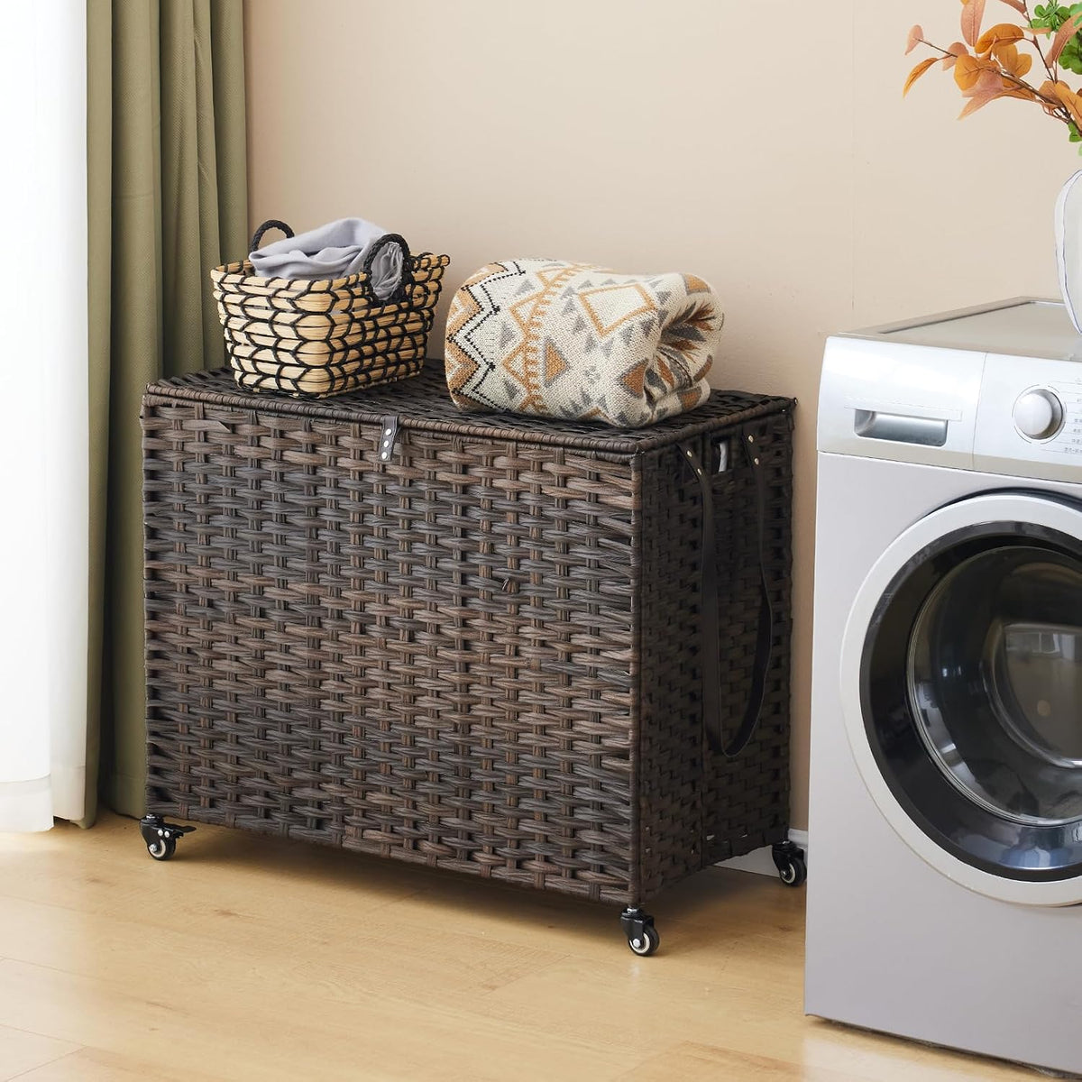 Laundry Hamper with Wheels, 34.3 Gallon(130L) Rolling Laundry Basket with Lid, 3-Section Rattan Clothes Hamper with 3 Removable Liner & 3 Mesh Bags, Laundry Sorter with Side Pocket, Brown