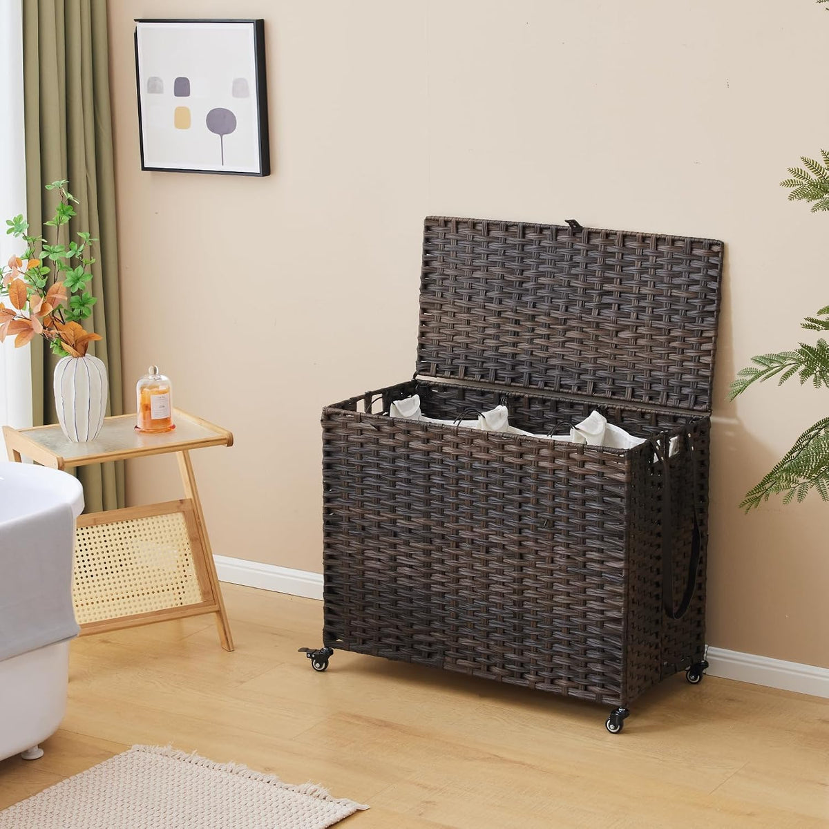 Laundry Hamper with Wheels, 34.3 Gallon(130L) Rolling Laundry Basket with Lid, 3-Section Rattan Clothes Hamper with 3 Removable Liner & 3 Mesh Bags, Laundry Sorter with Side Pocket, Brown