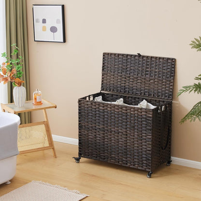 Laundry Hamper with Wheels, 34.3 Gallon(130L) Rolling Laundry Basket with Lid, 3-Section Rattan Clothes Hamper with 3 Removable Liner & 3 Mesh Bags, Laundry Sorter with Side Pocket, Brown