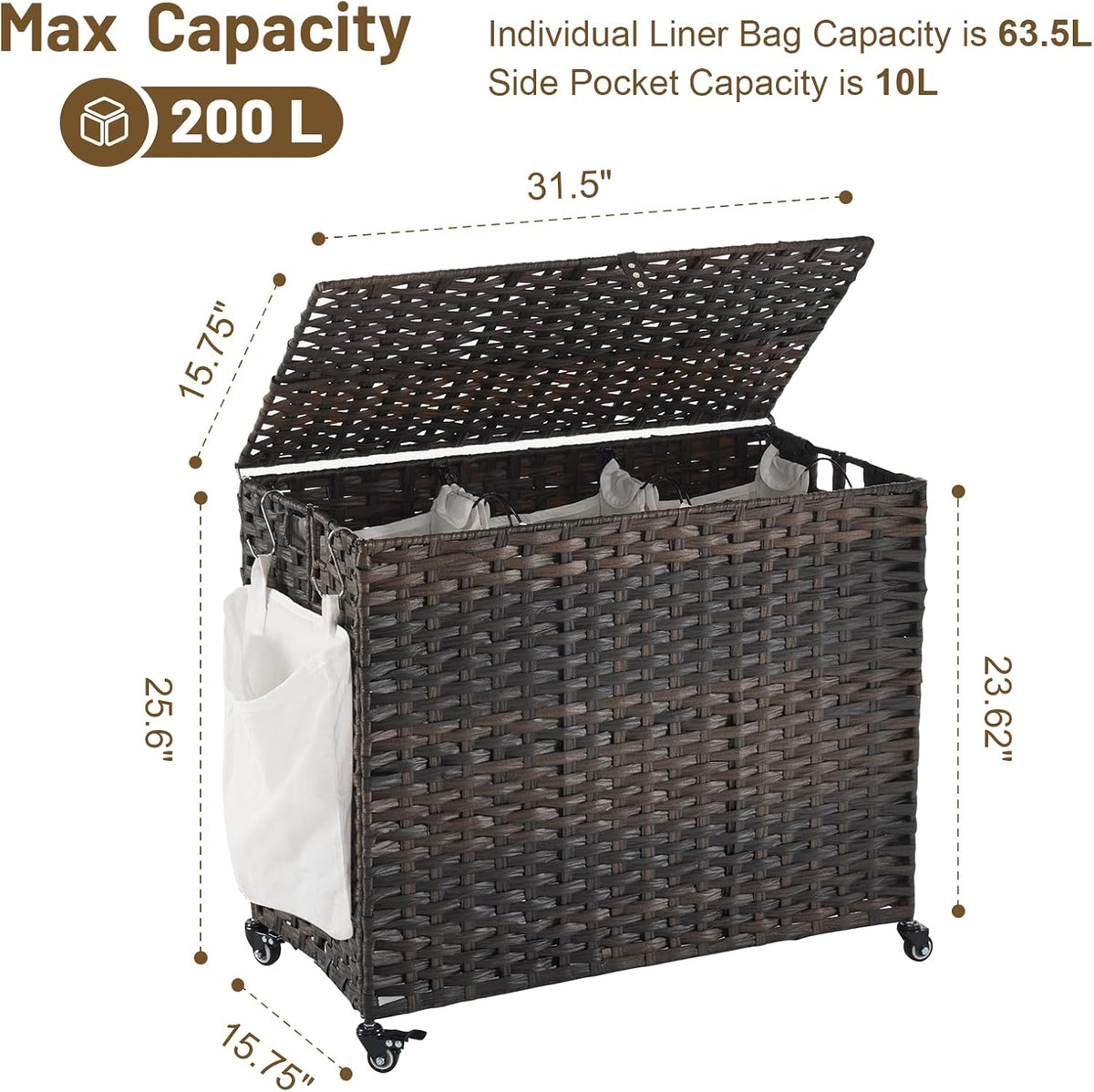 Laundry Hamper with Wheels, 34.3 Gallon(130L) Rolling Laundry Basket with Lid, 3-Section Rattan Clothes Hamper with 3 Removable Liner & 3 Mesh Bags, Laundry Sorter with Side Pocket, Brown